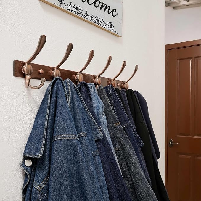 Dseap Coat Rack Wall Mount 2.0 Pro: 24” Long, 3X Tougher, Heavy Duty Stainless Steel Wall Coat Hanger with 6 Tri Hooks for Clothes Jackets Hats Entryway Closet, Antique Copper