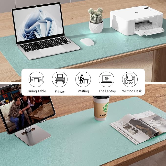 Aothia Leather Desk Pad Protector, Mouse Pad, Office Desk Mat, Non-Slip PU Leather Desk Blotter, Laptop Desk Pad, Waterproof Desk Writing Pad for Office and Home (48"x17", Light Blue)