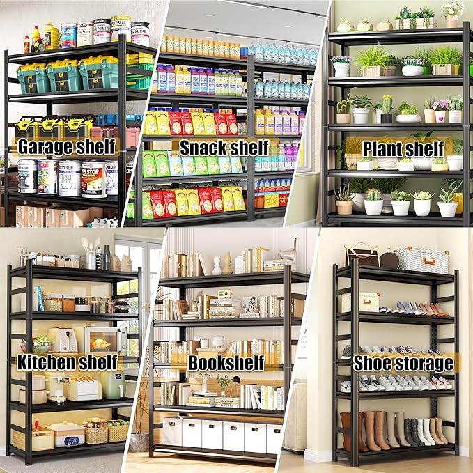 71'' Garage Storage Shelves, 5 Tier Metal Shelving Unit, Adjustable, Double-Layer Column with Reinforced Ribs, Heavy-Duty, Capable of Bearing 3000 lbs Suitable for Garage, Warehouse, Kitchen Storage