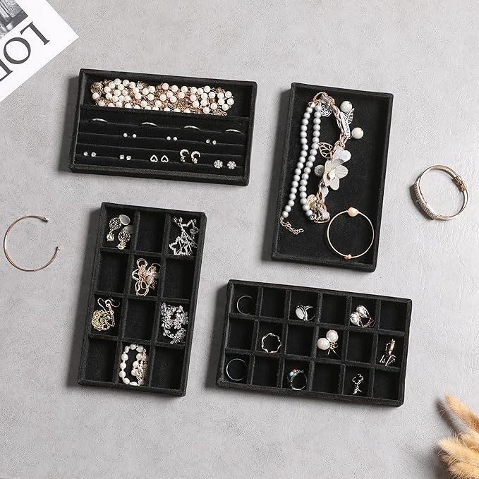 Frebeauty Jewelry Organizer Tray,Stackable Velvet Jewelry Trays,Drawer Inserts Earring Organizer For Women Jewelry Storage Display Case for Rings Stud Necklaces,Set of 9(Black)