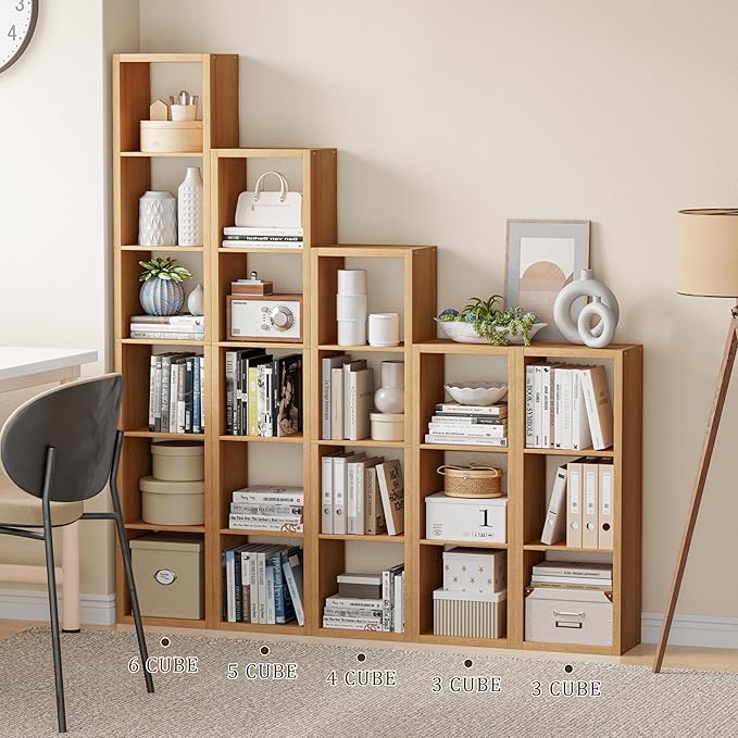 Cube Storage Organizer Bookcase, Small 4 Tier 11 inch Open Back Cubical Shelf with Thickened Border, Display Bookshelf for Living Room, Home Office, Sturdy Room (Natural Oak, 4 Cube,Vertical)