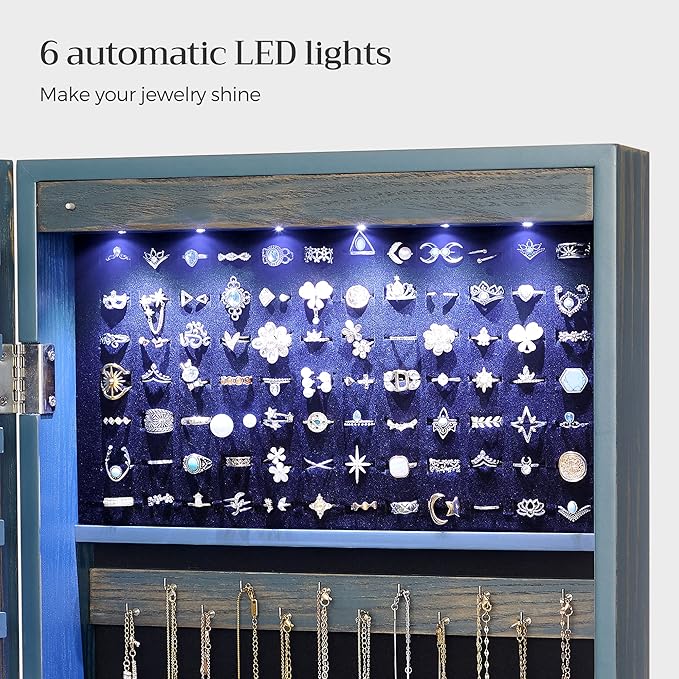 SONGMICS 6 LEDs Mirror Jewelry Cabinet, 47.2-Inch Tall Lockable Wall or Door Mounted Jewelry Armoire Organizer with Mirror, 2 Drawers, Christmas Gift, 3.9 x 14.6 x 47.2 Inches, Rustic Blue