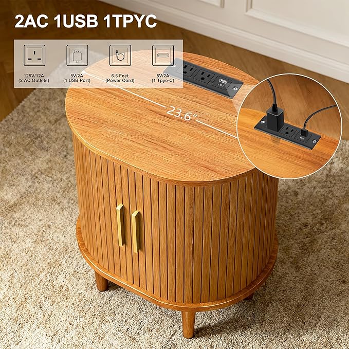 Nightstands Set of 2 & Charging Station, Fluted Accent Side Table with Sliding Door & Adjustable Shelf, Mid-Century Modern End Table for Small Space, Living Room, Bedroom (2, Yellow Walnut)