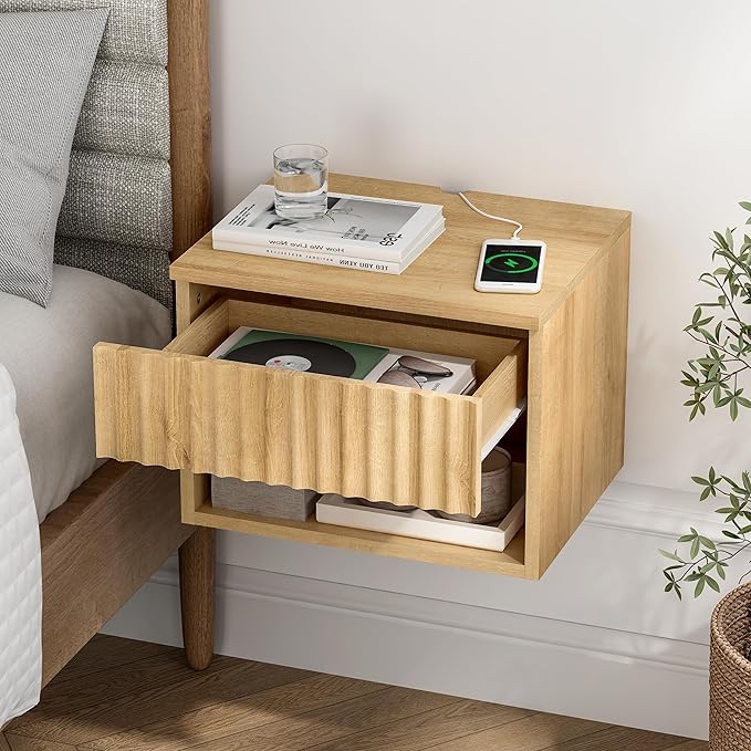 Floating TV Stands Set of 4 with Drawer and Open Shelf, Small Wall Mounted Bedside End Table, Modern Fluted Night Stand for Bedroom, Living Room, Natural Oak