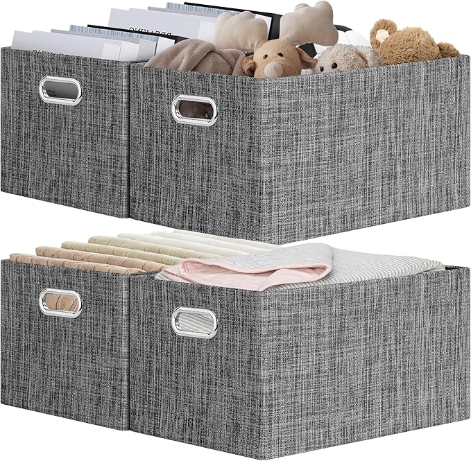 Posprica Closet Storage Bins, 4 Pack Closet Shelf Organizers, Linen Fabric Decorative Storage Baskets for Organizing, Foldable Storage Box for Clothes, Toy, 15x10.5x8.25 Inch (Black)