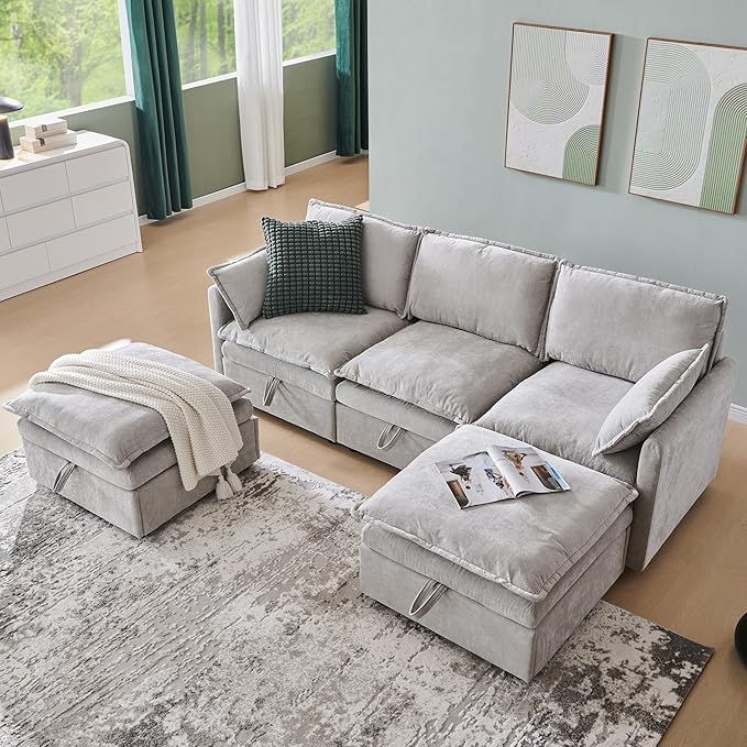 88.98" Sectional Couches for Living Room, Cloud Couch Sectional with Large Storage, U-Shape Modular Sectional Sofa with Ottoman, 5 Chenille Seater with Pillow for Apartment, Bedroom, Light Grey