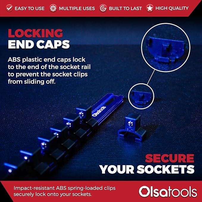 Olsa Tools 1/2-Inch Drive Aluminum Socket Organizer with Locking End Caps | Professional Quality Socket Holder (BLUE)