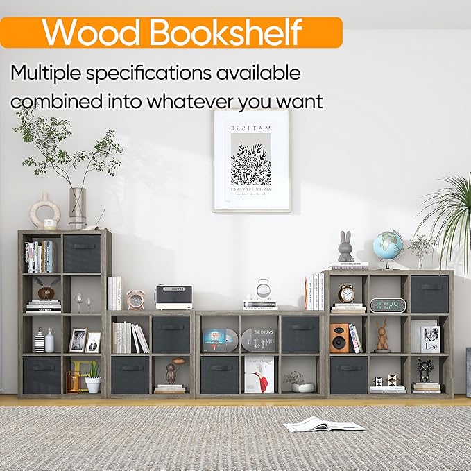 Bookshelf with Storage Bins, 8-Cube Storage Organizer, Modern Wood Open Bookcase, Multifunctional Display Shelf for Living Room, Bedroom, Home Office, Gray Oak