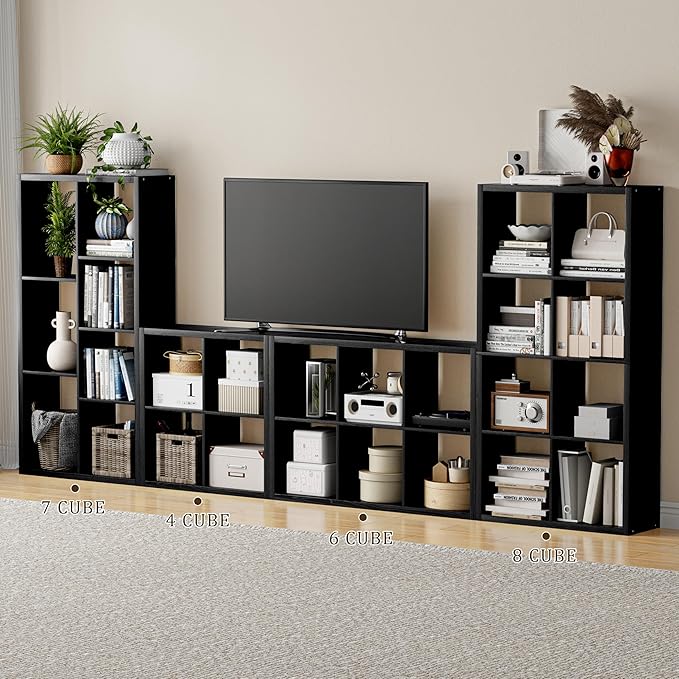Cube Storage Organizer Bookcase, Decorative 11 inch Open Back Cubical Shelf with Thickened Border, Display Bookshelf for Living Room, Home Office, Sturdy Room (Black, 6 Cube)
