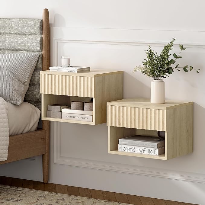 Floating Nightstands Set of 3 with Drawer and Open Shelf, Small Wall Mounted Bedside End Table, Modern Fluted Night Stand for Bedroom, Living Room, Light Oak