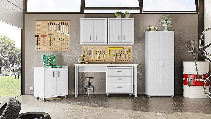 Manhattan Comfort Fortress Textured Metal 75.4" Garage Cabinet with 4 Adjustable Shelves in White