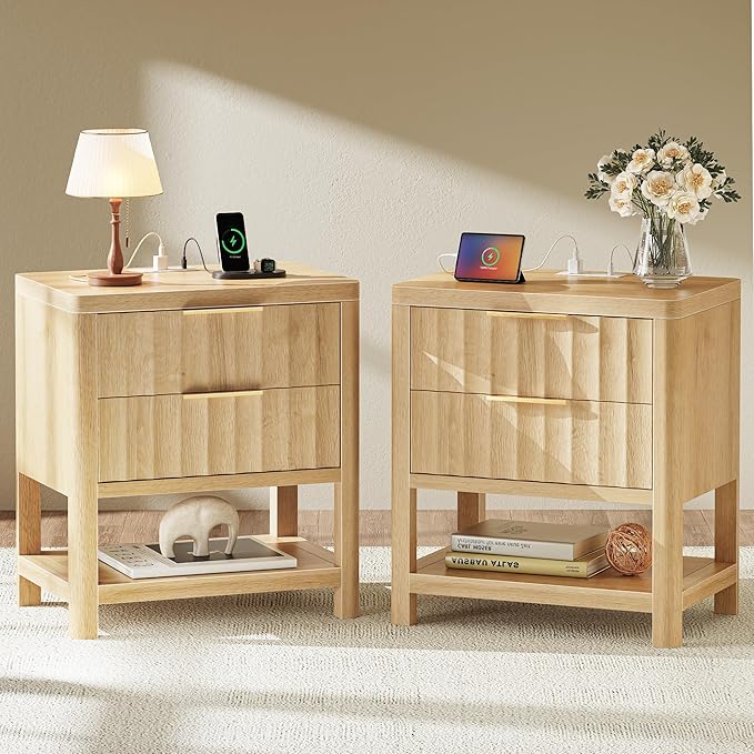 Huuger 27.6 Inch Tall Night Stands with Charger Station, USB-C Port, Fluted Nightstand Set of 2, Larger Wider Bed Side Table with 2 Deep Drawers, Open Shelf, Bedroom Living Room End Table, Natural