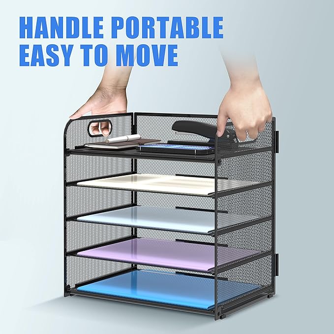 Supeasy 2 Pack 5-Tier Desk Organizer with Handle Mesh Desk File/Paper Organizer Letter Tray for Office, School and Home Easy Installation, Black