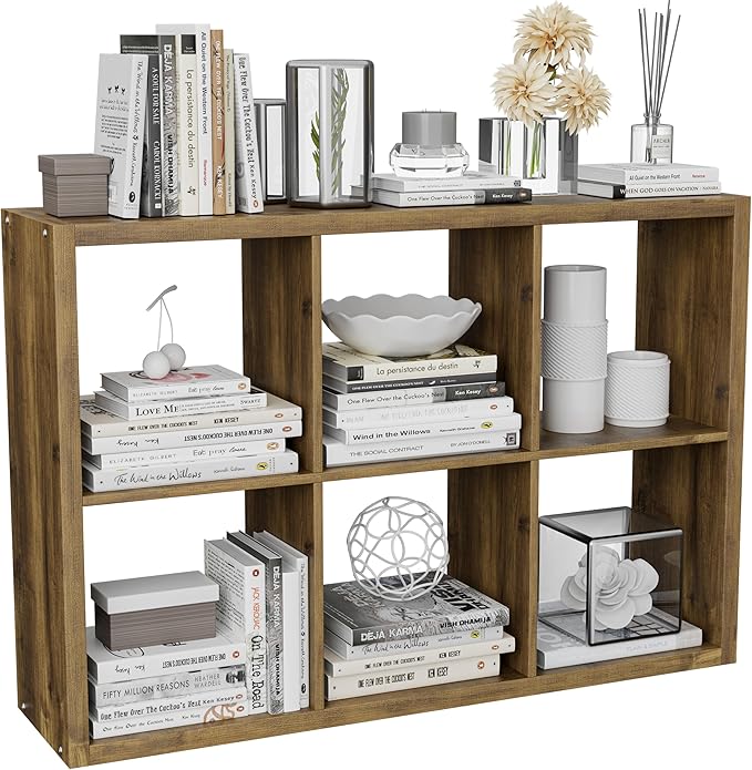 Cube Storage Organizer Bookcase, Decorative 11 inch Open Back Cubical Shelf with Thickened Border, Display Bookshelf for Living Room, Home Office, Sturdy Room (Brown, 6 Cube)