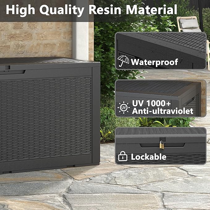 Outdoor Storage Box, Resin Deck Boxes Indoor and outdoor, Waterproof Storage Box Lockable Lid (Black, 100 Gallon)