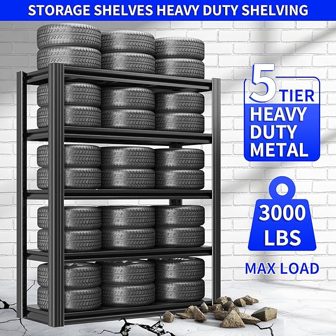 Metal Storage Shelving Heavy Duty, Shelves Unit for Garage, Adjustable 5 Tier Storage Rack, Industrial Utility Shelf for Garage, Warehouse, Basement, Kitchen,12" D x 27.6" W x 60.8" H, Black