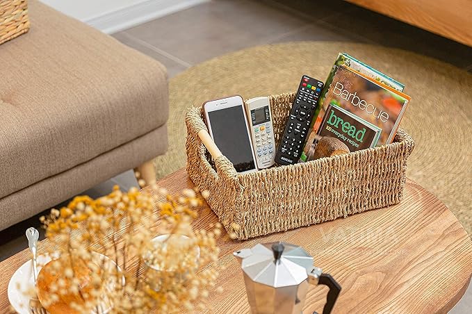 VATIMA Seagrass Baskets with Wooden Handles, Set of 3 Decorative Natural Wicker Baskets for Kitchen