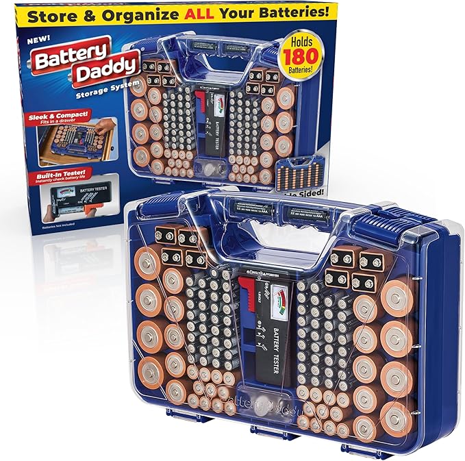 Ontel Battery Daddy Storage & Organizer Case with Tester, Stores & Protects Up to 180 Batteries, Double-Sided, Durable Design with Clear Locking Lid, Secure Latches & Portable Carrying Handle - Blue