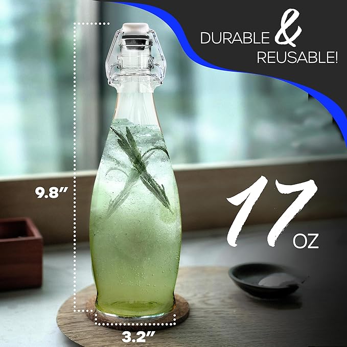 Nevlers 17 Oz Teardrop Swing Top Glass Bottles with Airtight Lid 6 Pack | Flip Top Glass Bottle with Stopper, Funnel, Brush, Shrink Wrap, Marker & Tags | Clear Beer Bottles | Fermentation Bottle Kit