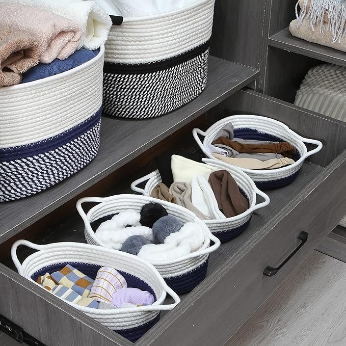 Sea Team 2-Pack Cotton Rope Baskets, 10 x 3 Inches Small Woven Storage Basket, Fabric Tray, Bowl, Round Open Dish for Fruits, Jewelry, Keys, Sewing Kits (Dark Blue & White)