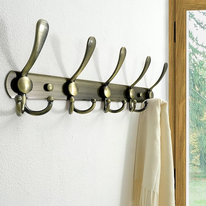 Dseap Wall Mounted Coat Rack - 5 Tri Hooks, Heavy Duty, Stainless Steel, Metal Coat Hook Rail for Coat Hat Towel Purse Robes Mudroom Bathroom Entryway (Bronze, 2 Packs)