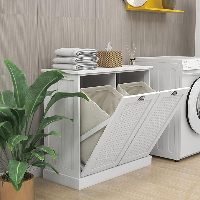 KEIKI Double Tilt-Out Laundry Hamper Cabinet with Removable Bags, Hidden Laundry Organizer for Bathroom or Laundry Room Cabinets, White