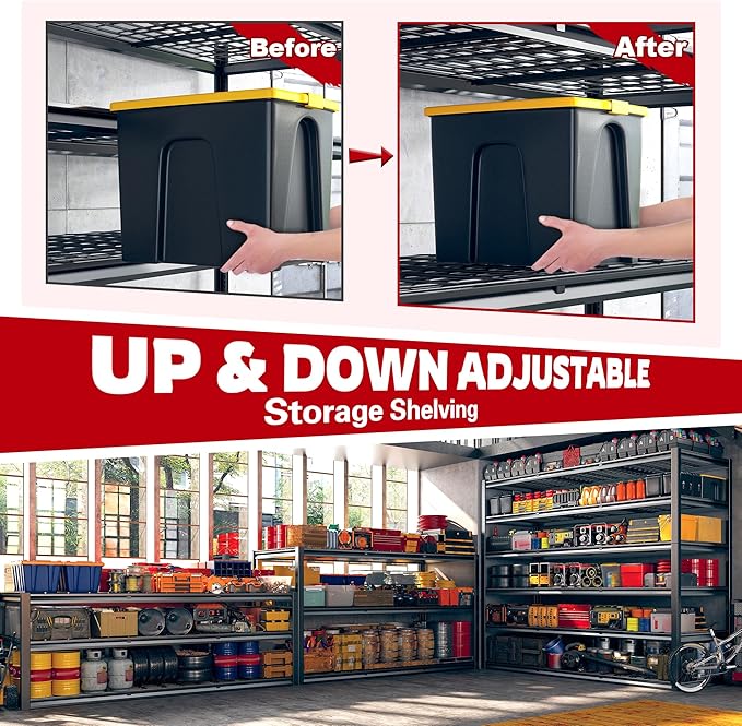 REIBII 60" W Garage Shelving, 3000LBS Storage Shelves, 6 Tier Heavy Duty Shelving, Adjustable Metal Shelving Units and Storage Rack for Warehouse, Pantry, Basement, 60" W x 84" Hx 24" D, 4 Pack