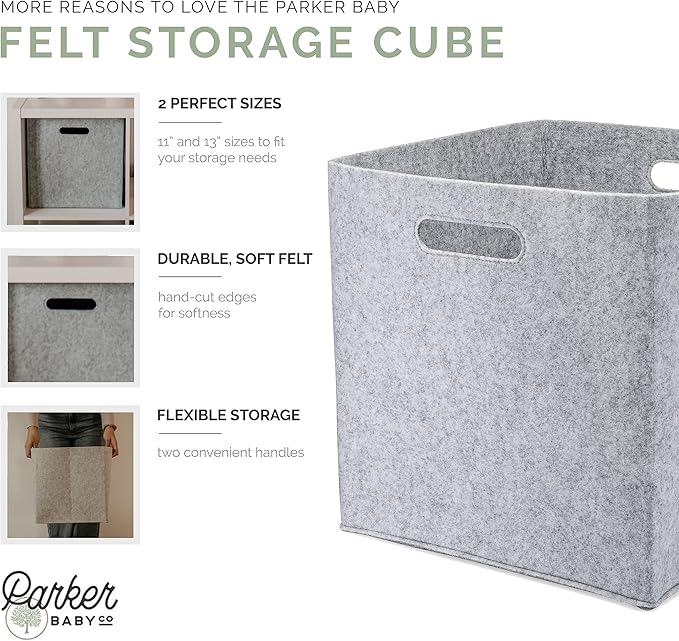 Parker Baby Felt Foldable Storage Cube - 11 Inch Nursery Cubby Bin for Cube Organizer, Closet Organizers and Storage Toy Bin, Rope Baskets Bins for Toy’s Storage - Gray