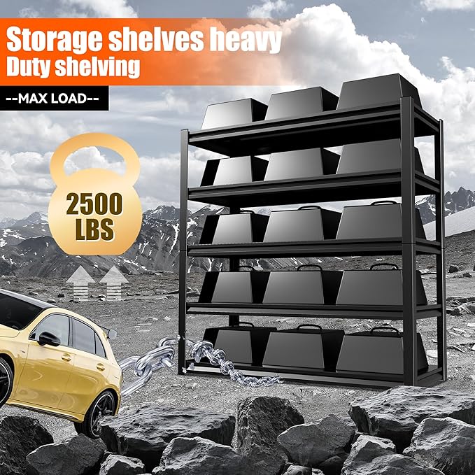 2500LBS Storage Shelves 5 Tier Garage Shelving Heavy Duty Adjustable Shelving Unit Metal Storage Rack for Basement, Pantry, Kitchen, Warehouse 15.8" D x 23.6" W x 63" H