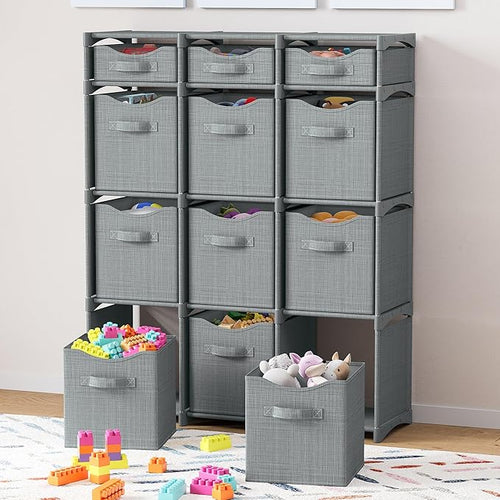 12 Cube Closet Organizers And Storage | Includes All Storage Cube Bins | Easy To Assemble Closet Storage Unit With Drawers | Room Organizer For Clothes, Baby Closet Bedroom, Playroom, Dorm (Grey)
