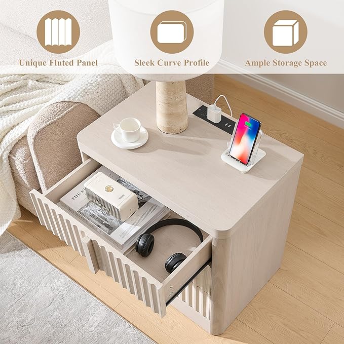 23.6" Nightstand Set of 2 with Charging Station, Side Table with 3 Large Storage Drawers, Mid Century Modern Night Stand with Solid Wood Handle, Bedside End Table for Bedroom, Living Room