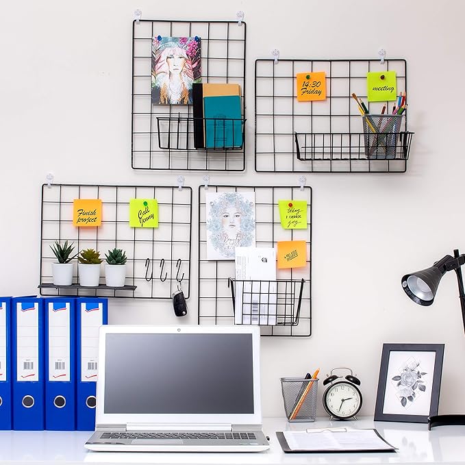 ODOXIA 4-Pack Wire Wall Grid Panel | Photo Grid Wall Decor | Metal Board for Hanging Pictures | Black Wire Organizer for Home, Office & Kitchen | Panel for Display & Storage
