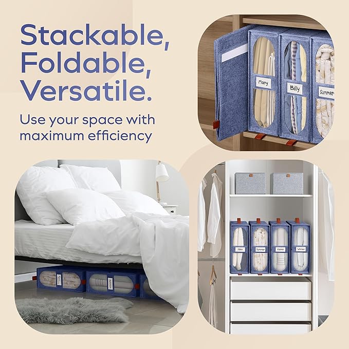8x Bed Sheet Organizer Storage Boxes with Big See-Through Windows | Bedsheet Organizers Redesigned. Robust Bed Sheet Storage |15x13x5 Inches Sheet Organizers Containers (Denim)