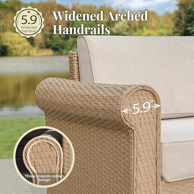 Patio Furniture Set, 6 Piece Outdoor Rattan Wicker Sectional Conversation Set with 5.5" Thick Waterproof Cushions and Coffee Table for Deck Backyard