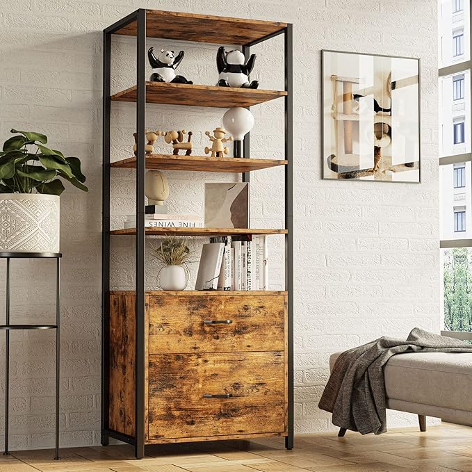 IRONCK Industrial Bookcase with File Cabinet Drawers, 71.6 in Tall Bookshelf 5 Tier, Freestanding Storage Home Office Cabinet Organizer, Rustic Home Decor, Vintage Brown