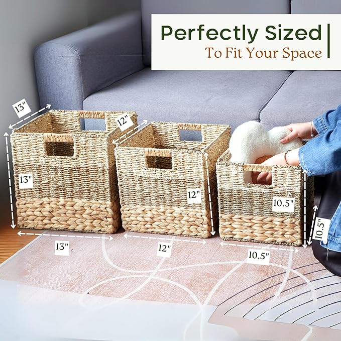 12x12 Storage Cube Bins Wicker Storage Basket for Cube Shelf, Natural Foldable Square Baskets for Storage, Large Woven Cube Storage Bin with Handle, Baskets for Pantry, Bedroom Set of 4