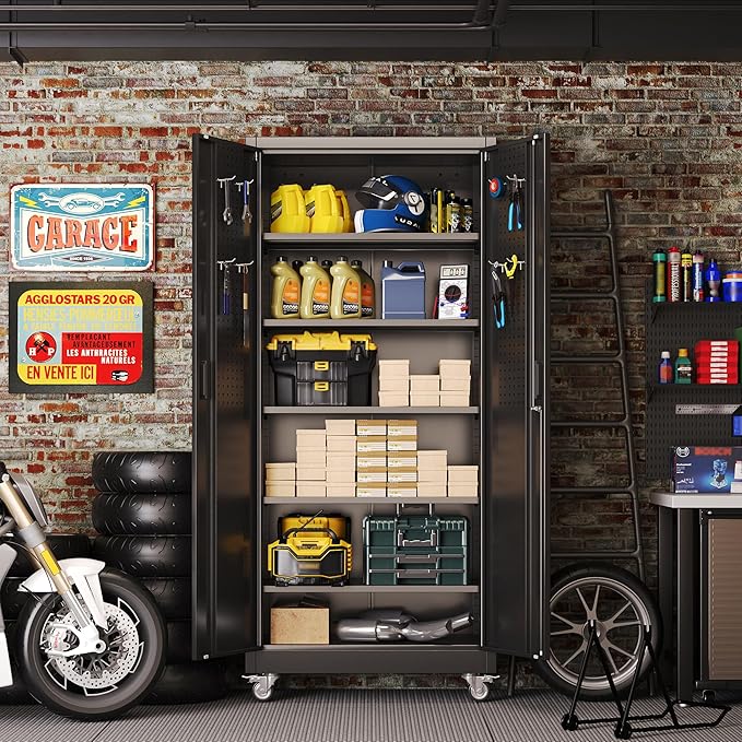 Aobabo 71" H×32" W×16" D Metal Storage Cabinet with Wheels, Garage Steel Storage Cabinet with 5 Adjustable Shelves and 4 Hooks for Home Office, Kitchen, Assembly Required, Black