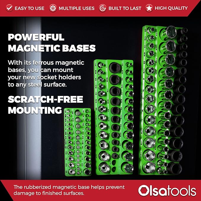 Olsa Tools Magnetic Socket Organizer | 6pc Socket Holder Kit | 1/2-Inch, 3/8-Inch, & 1/4-Inch Drive | Socket Organizers For Toolboxes | Green | Holds 273 | Professional-Grade Tool Organizer |Part 1668