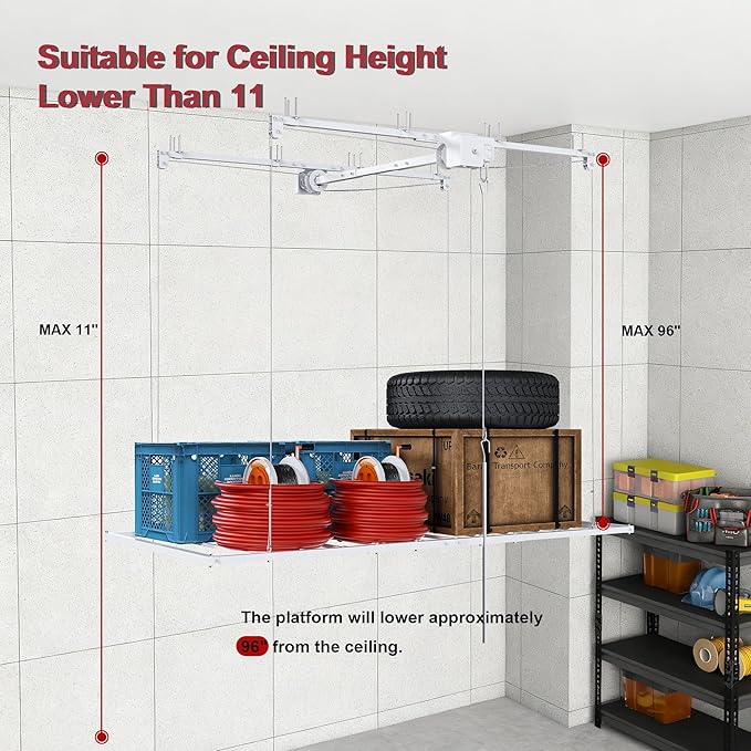 3x6FT Overhead Garage Storage Rack for High Ceilings 10-12 FT, Adjustable Garage Organization System, Heavy Duty Ceiling Storage Racks with Safety Lock,270LBS Capacity,White