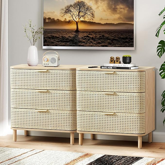 ORRD 3 Drawer Dresser Set of 2, Modern Iron Rattan Cabinet Dresser for Bedroom, Large Nightstand Accent Storage Chest of Drawers for Living Room, Bedroom - Natural