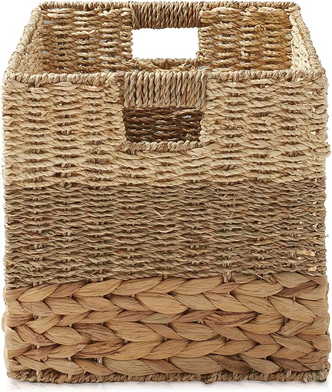 Casafield 13" x 13" Mixed Weave Storage Baskets, Natural - Set of 6 Woven Hyacinth Seagrass Wicker Storage Cube Bins for Bathroom, Bedroom, Laundry, Pantry, Shelves