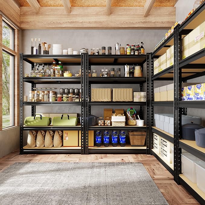 72.12" H Garage Shelving, Storage Shelves Load 2100LBS, 5-Tier Adjustable Shelving Unit with Thickened Wooden Boards for Multiple Scenarios, 72.12" H x 35.55" W x 11.85" D, Black, 4 Pack