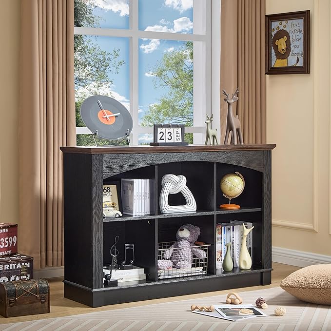 Black Bookshelf, 6-Cube Bookcase and Kids Bookshelf, Wooden Storage Cabinet with Cube Organizer, Modern Book Shelf for Bedroom Furniture, Living Room, Office Storage, Toy Organizer, Display Cabinet