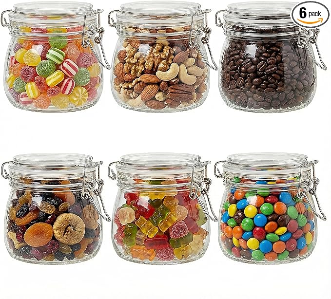 17oz Airtight Glass Jars with Clamp Lids, Small Food Storage Canisters Set of 6, Wire Clip Mason Jars for Canning Pickling Spice Herb