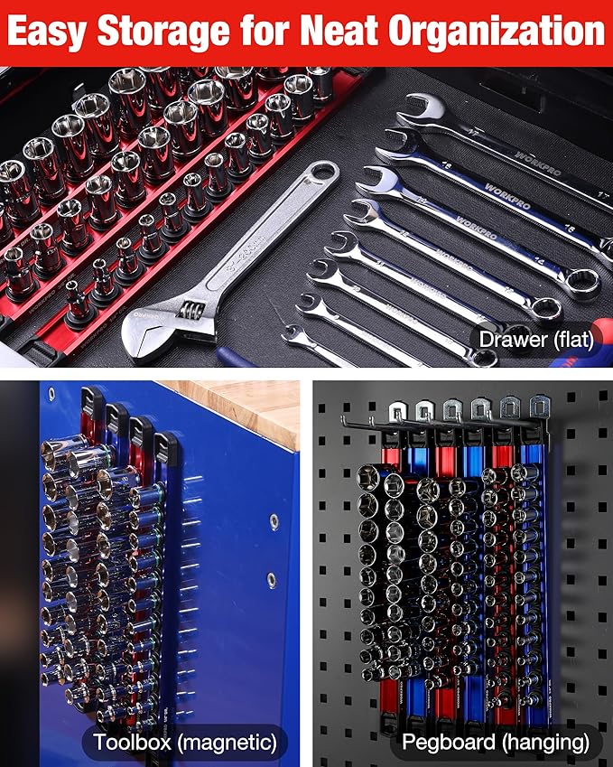 WORKPRO Magnetic Socket Organizer, 3/8" Drive Aluminum Alloy Socket Holder, Heavy Duty Socket Rail with 10 PC Removable Socket Clips, Socket Organizer Tray for Tool Box Drawer (Sockets Not Included)