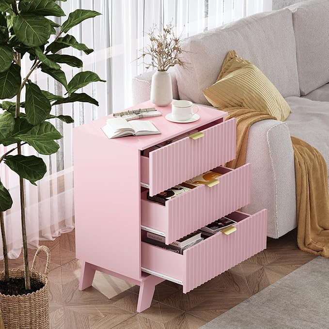 Night Stand Set 2, Bedside Table & End Table, Mid Century Modern Fluted Wood Nightstand with 3 Drawers & Metal Handles, Farmhouse Nightstand for Bedroom, Pink