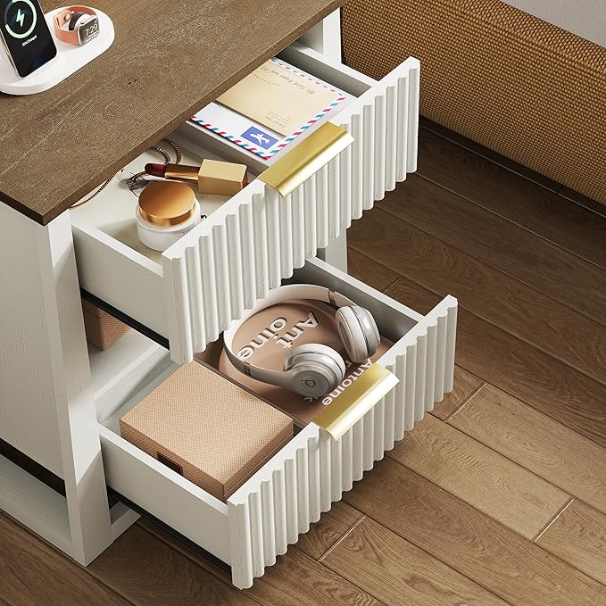 HIFYOBRO Fluted Nightstands with Charging Station & Motion Sensor Light, Modern Bedside Tables with 2 Drawers and Storage Shelf for Bedroom, White