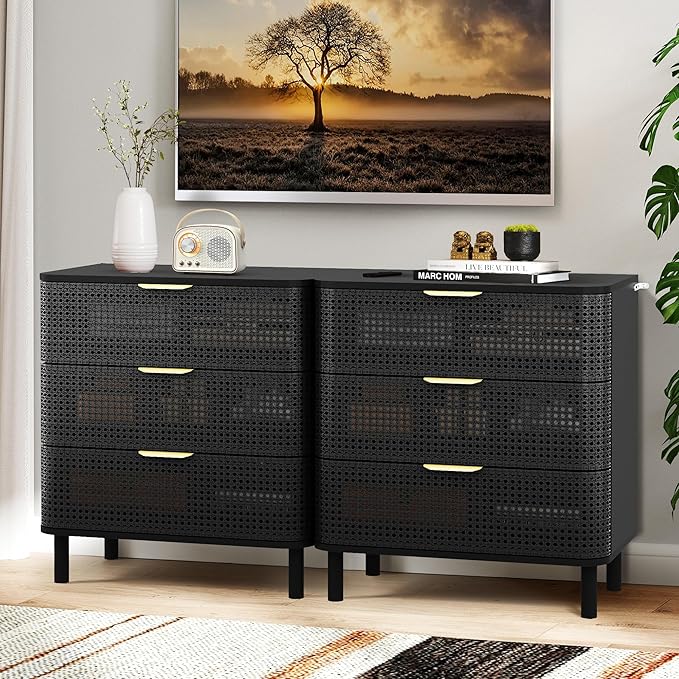 ORRD 3 Drawer Dresser Set of 2, Modern Iron Rattan Cabinet Dresser for Bedroom, Large Nightstand Accent Storage Chest of Drawers for Living Room, Bedroom - Black