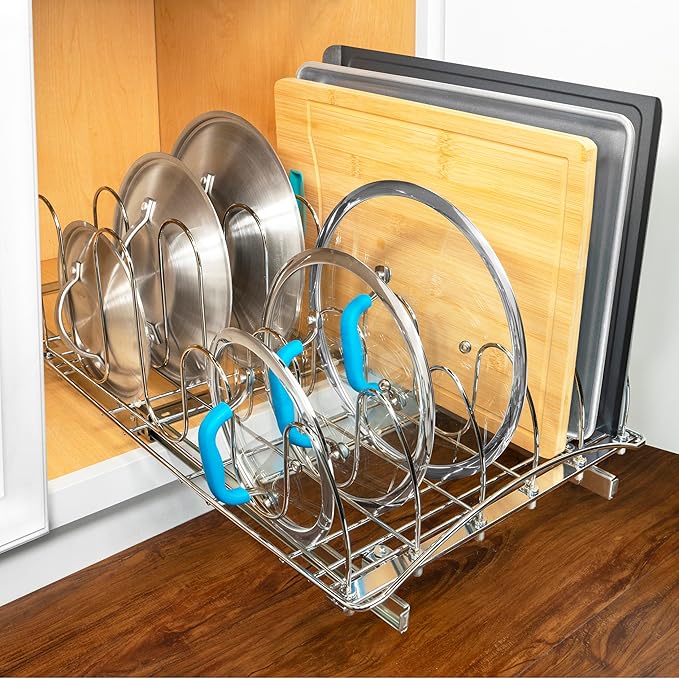 LYNK PROFESSIONAL® Pull Out Pot Lid and Cookie Sheet Organizer Rack for Cabinet - Lifetime Ltd. Warranty - Sliding Kitchen Organizers – Pans, Lids, and Tray Storage - 14W x 21D, Extra-Large, Chrome