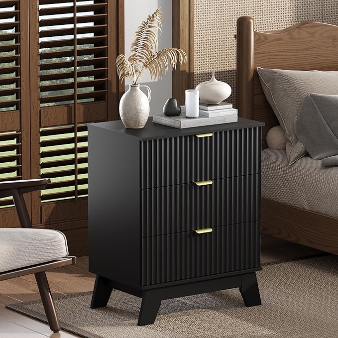 Black Night Stand with 3 Drawers, Bedside Table & End Table, 24" Wide Mid Century Modern Fluted Wood Nightstand with Metal Handles, Farmhouse Night Stands for Bedroom